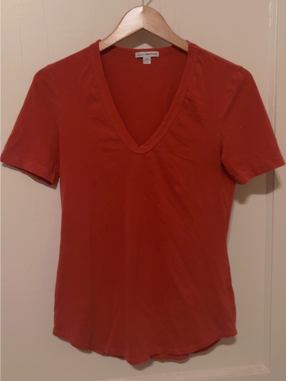 JAMES PERSE - Women's Short Sleeve V-Neck Tee in Rust color ❤️